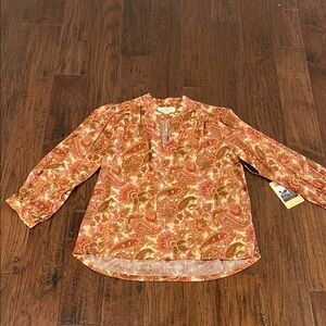 Trovata Orange and Pink Graphic Blouse with Mandarin Collar